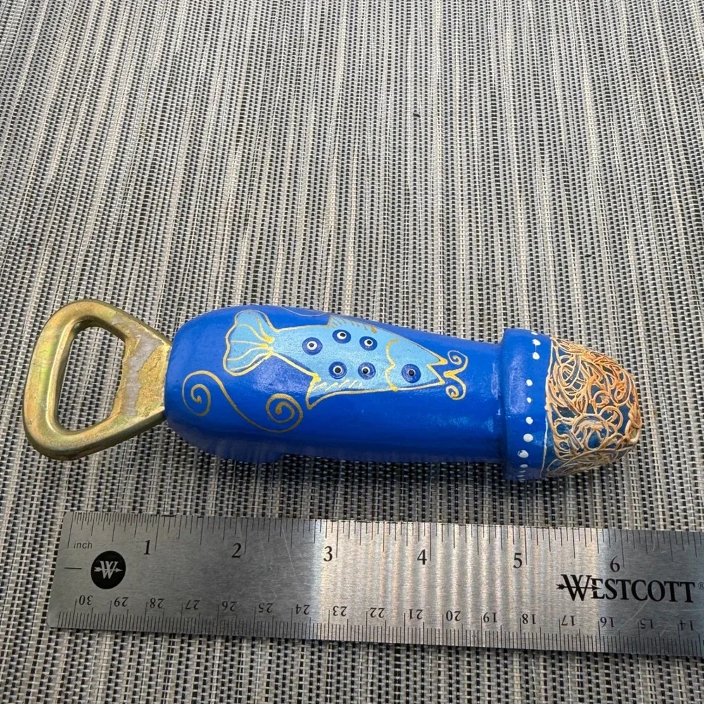 Hand Painted Signed Wood Phallic Bottle Opener Blue Fish Folk Art Novelty 7.5in